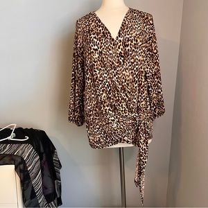 Worthington 0X Animal Print Side Tie 3/4 Length Sleeve Blouse Top